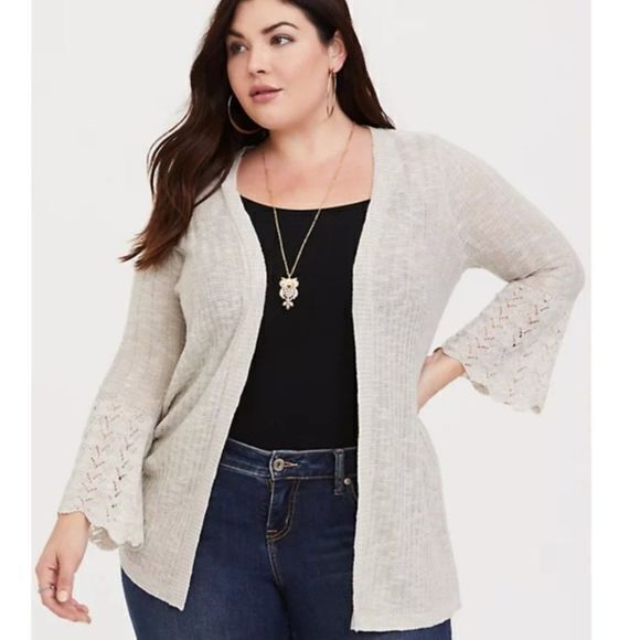 TORRID GREY BELL SLEEVE POINTELLE CARDIGAN OPEN FRONT WOMENS SIZE 2 US 2X - Picture 2 of 11